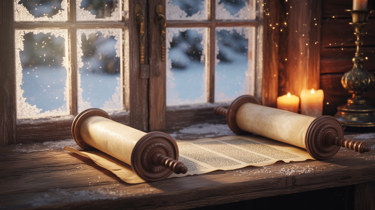 Torah scroll in cozy winter setting with candlelight and gentle snow, bringing warmth and light to the season